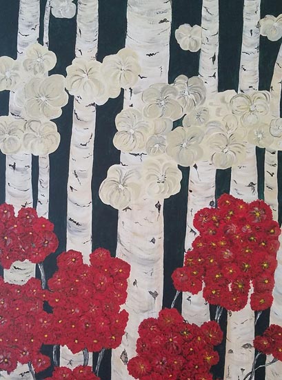 Birch trunks with red and white flowers