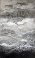 Black and white painting of a city surrounded by clouds