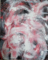 Abstract painting eaturing red, white, gray, and black