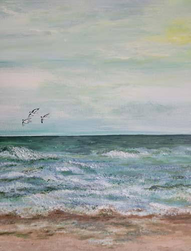 Seascape with waves, gulls, sand, and sky