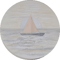Round painting of a sailboat on the ocean